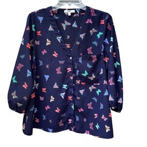 Q&A Navy Blue Butterfly Print V-Neck Blouse Split Back Top Women's M Beautiful!
